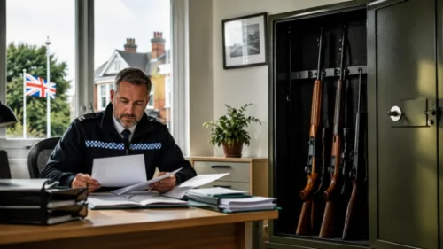UK firearms licensing officer reviewing documents beside a securely locked gun cabinet