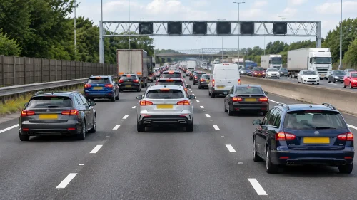 Congested motorway traffic where the left lane moves ahead naturally without deliberate overtaking.