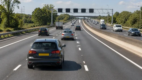 Driver returning safely to the left lane after overtaking on a UK motorway.