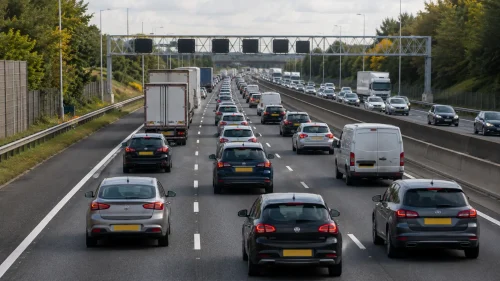 Heavy motorway traffic using all three lanes safely during congestion.