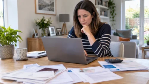 Person applying online for Council Tax Reduction with bank statements, ID and supporting documents