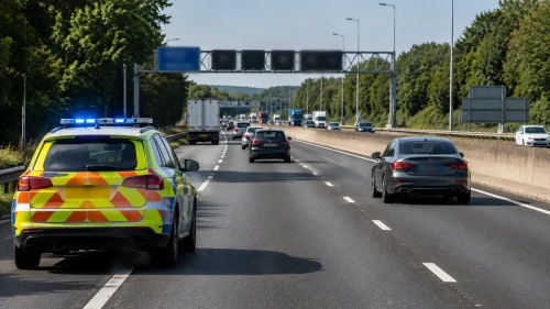 Police monitoring improper use of the right-hand lane on a UK motorway.