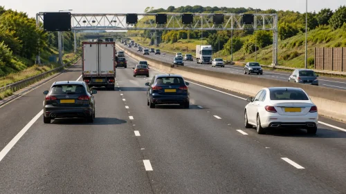 Vehicles demonstrating the correct purpose of each lane on a three-lane UK motorway.